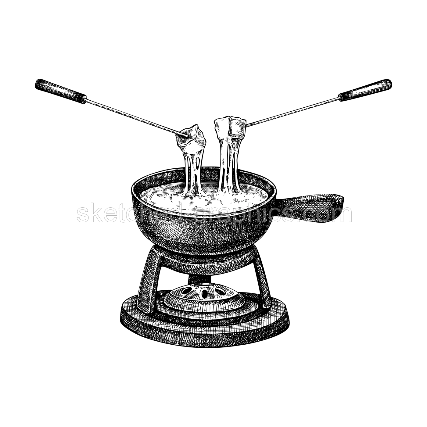 Cheese fondue sketch. Hand-drawn food illustration. Melted cheese in pot vector drawing. French cuisine menu design element. NOT AI generated Illustration